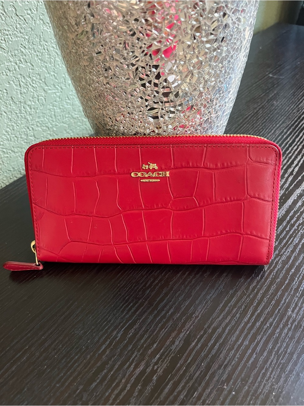 Coach Red Croc-Embossed Zip-Around Wallet with Gold Hardware